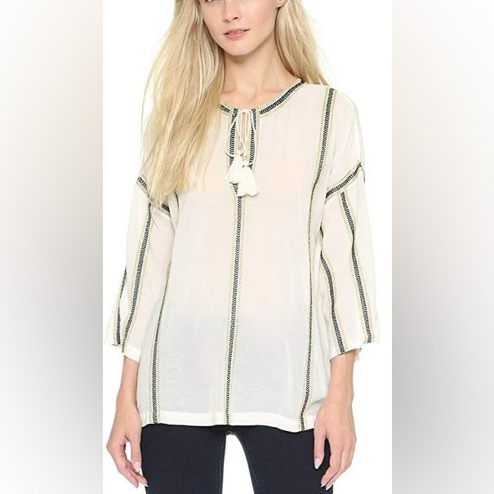 Figue Dhyana Ivory/Black Tunic Tassel Top Size L Bohemian Spring Summer Vacation